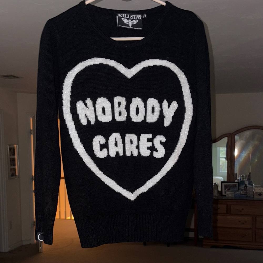 Killstar Black Sweater with White 'Nobody Cares' Heart